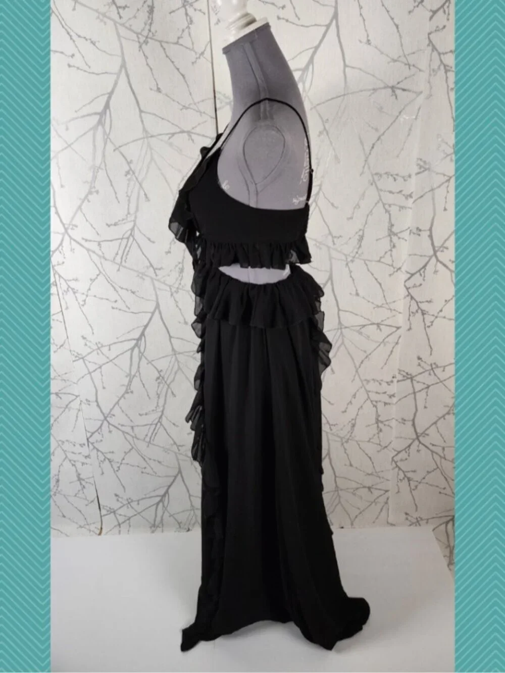 Okakie Black Ruffle Chiffon Strappy Cutout Maxi Dress